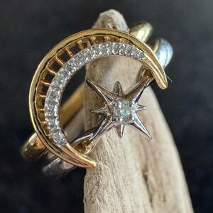 Gold and Silver Diamond Crescent Moon and Star Ring Size 7